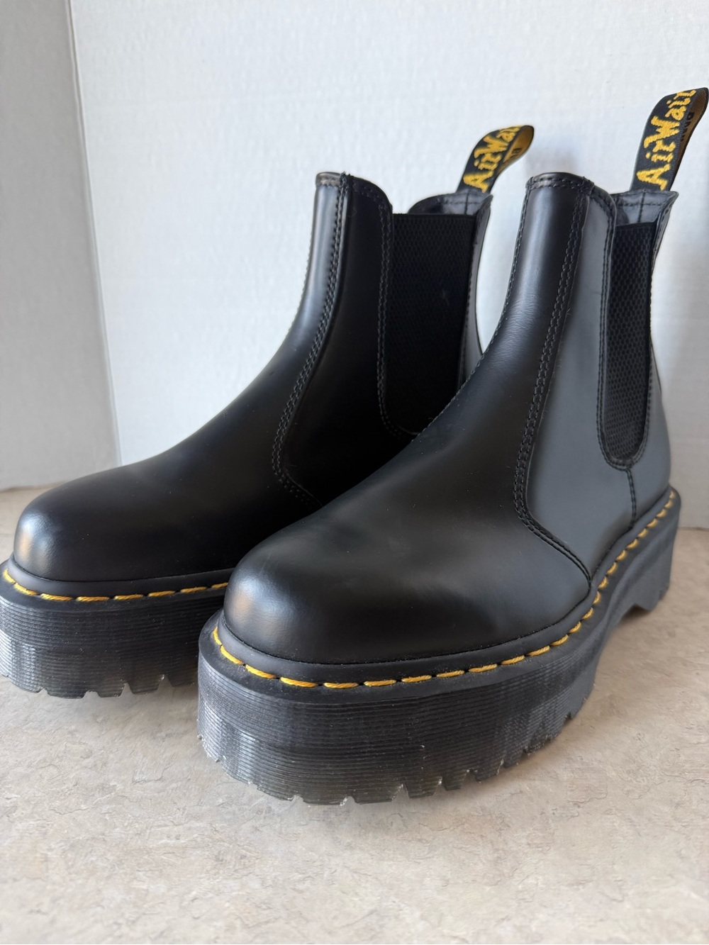 Dr. Martens Black Leather Platform Chelsea Boots with Yellow Stitch